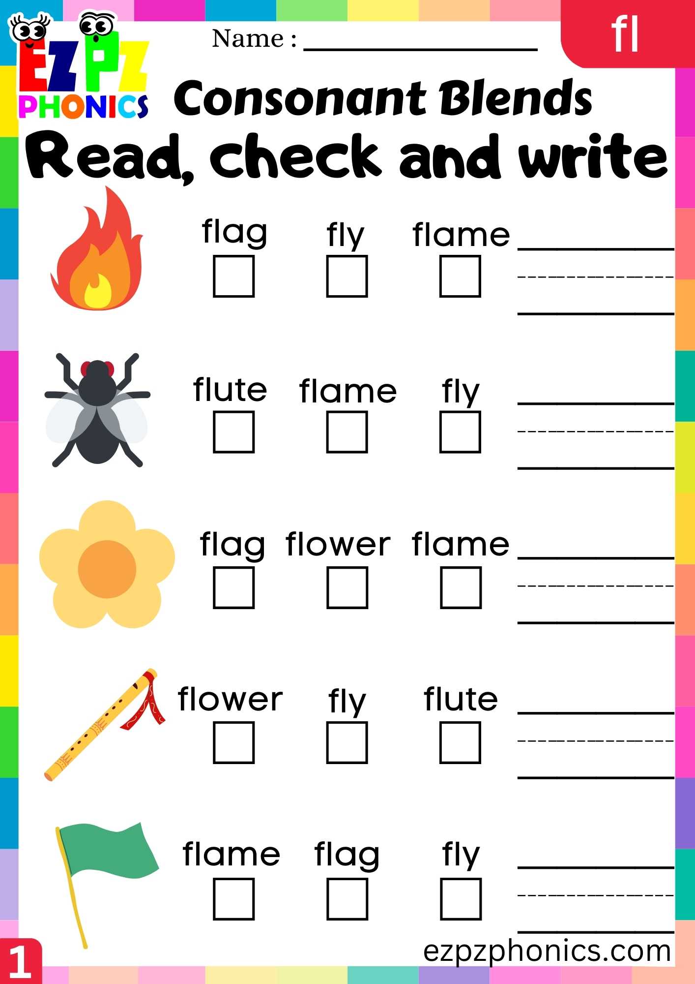 Group1 FL Words Read, Check And Write Phonics Consonant Blends Worksheet